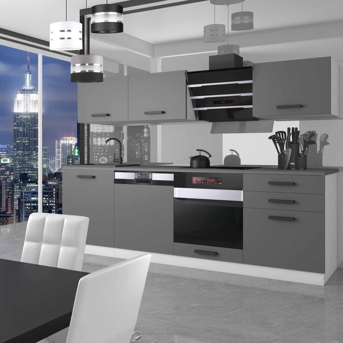 Belini Linda Kitchen Unit, Kitchen Furniture 240 cm, Fully Equipped without Electrical Appliances, with Wall Cabinets and Base Cabinets, with Worktops, Matt White