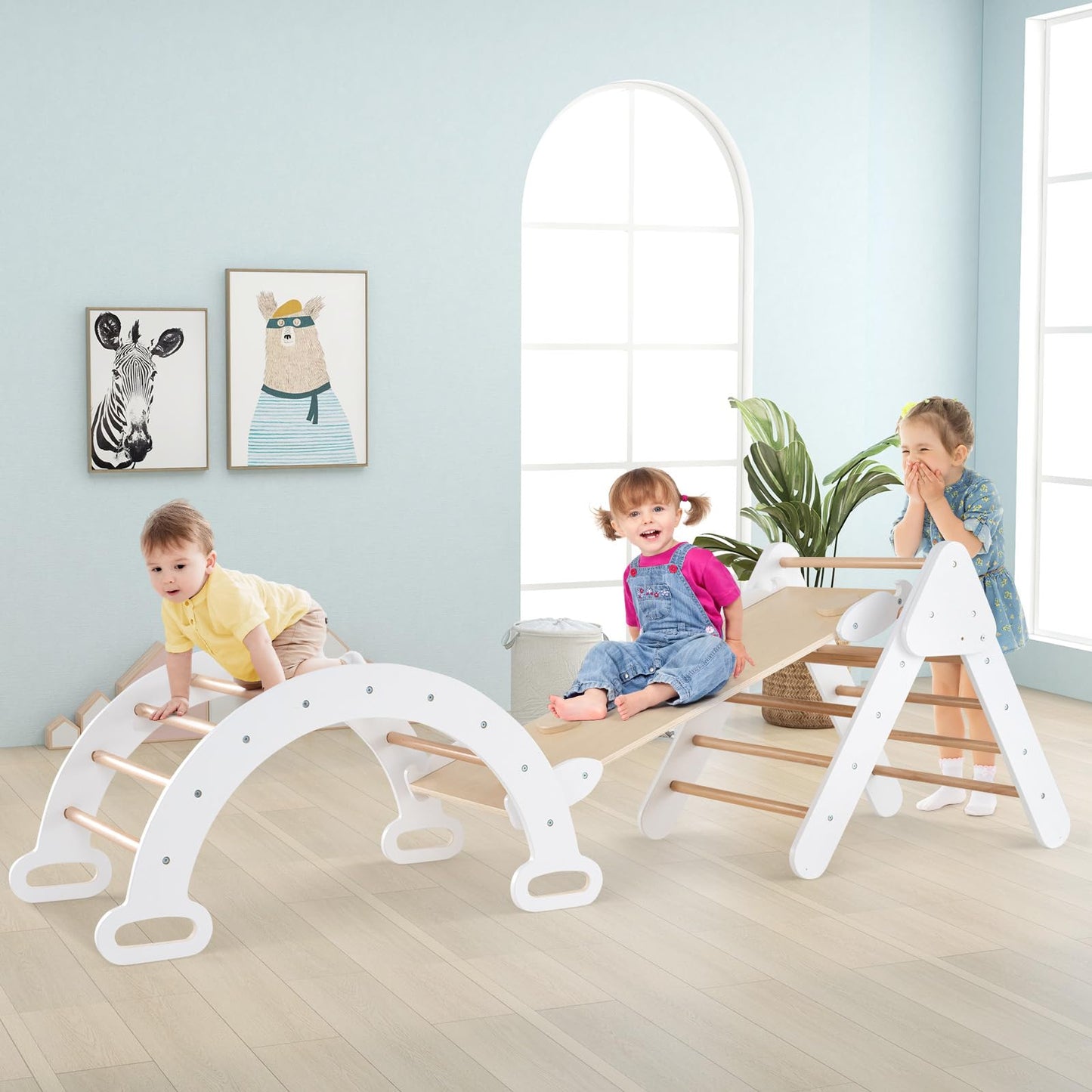COSTWAY Kletterdreieck mit Rutsche, Kletterbogen, inkl. doppelseitige Rampe, zum Klettern, Rutschen und Wippen, 4 in 1 Klettergerüst Indoor ab 1 Jahr (Macaron bunt)