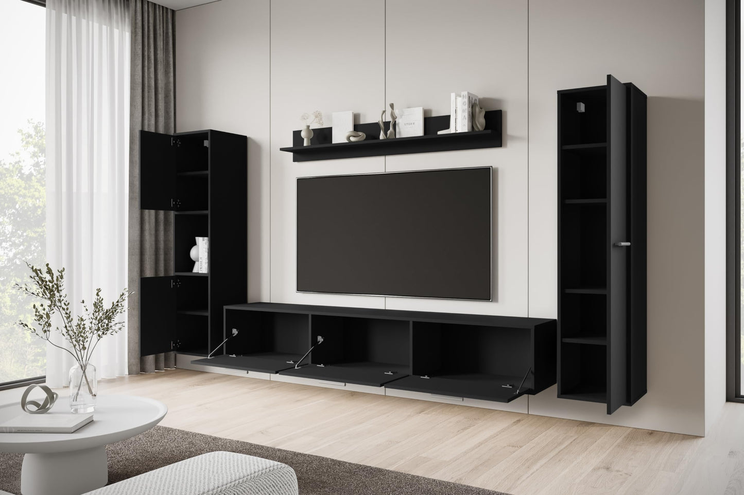 MINIO go for it - Living Room Wall Unit 4-Piece Toga, Living Room Furniture Set, 1 x TV Lowboard, 2 x Tall Cabinet, 1 x Wall Board, Living Room Furniture Complete, Living Room Set - Colour Wotan Oak