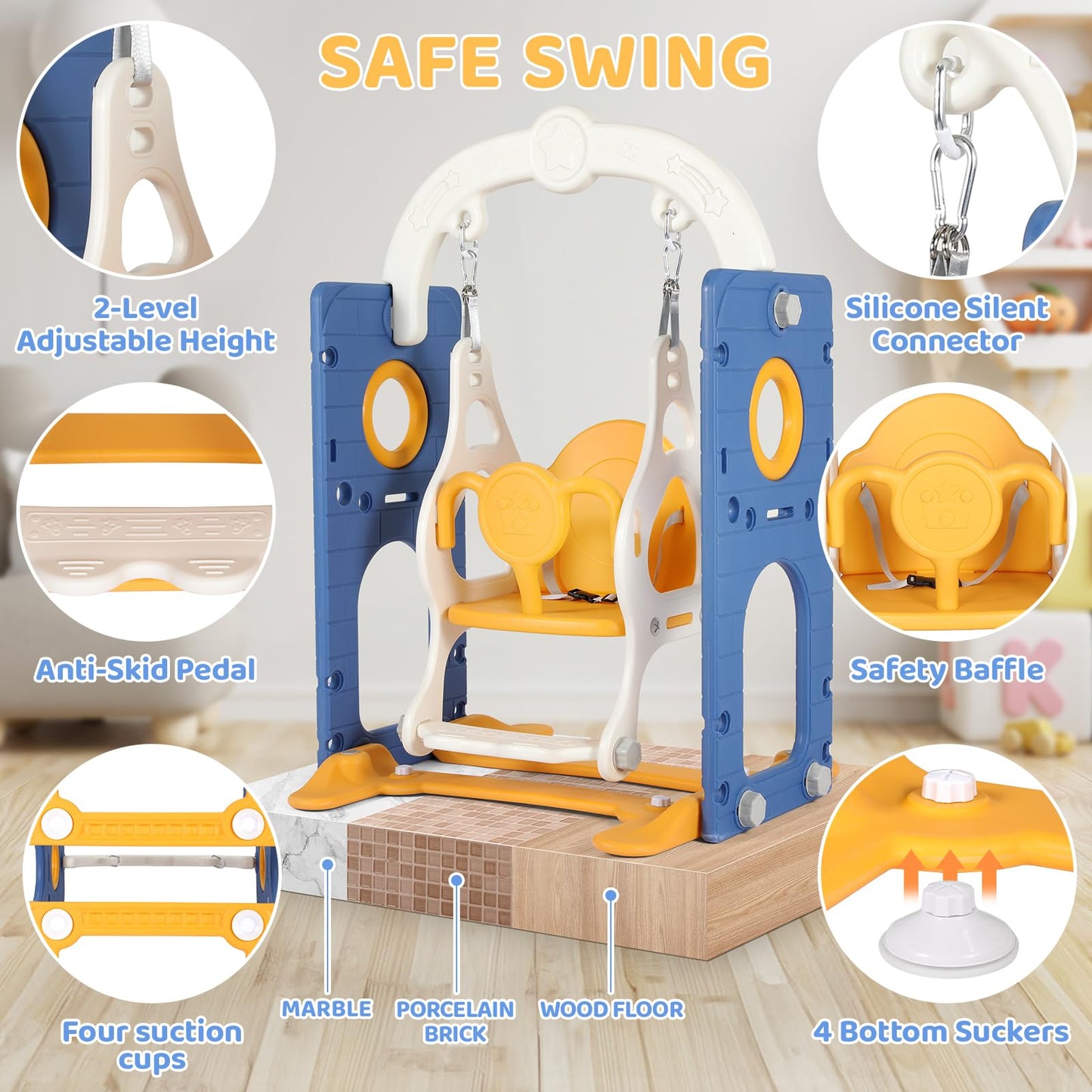 Swing Slide, 5-in-1 Children's Slide with Swing, Climbing Frame, Telescope, Storage, Indoor and Outdoor Freestanding Slide, Playground for Toddlers, for Max 60 kg from 1-6 Years, 2 Pieces Modules