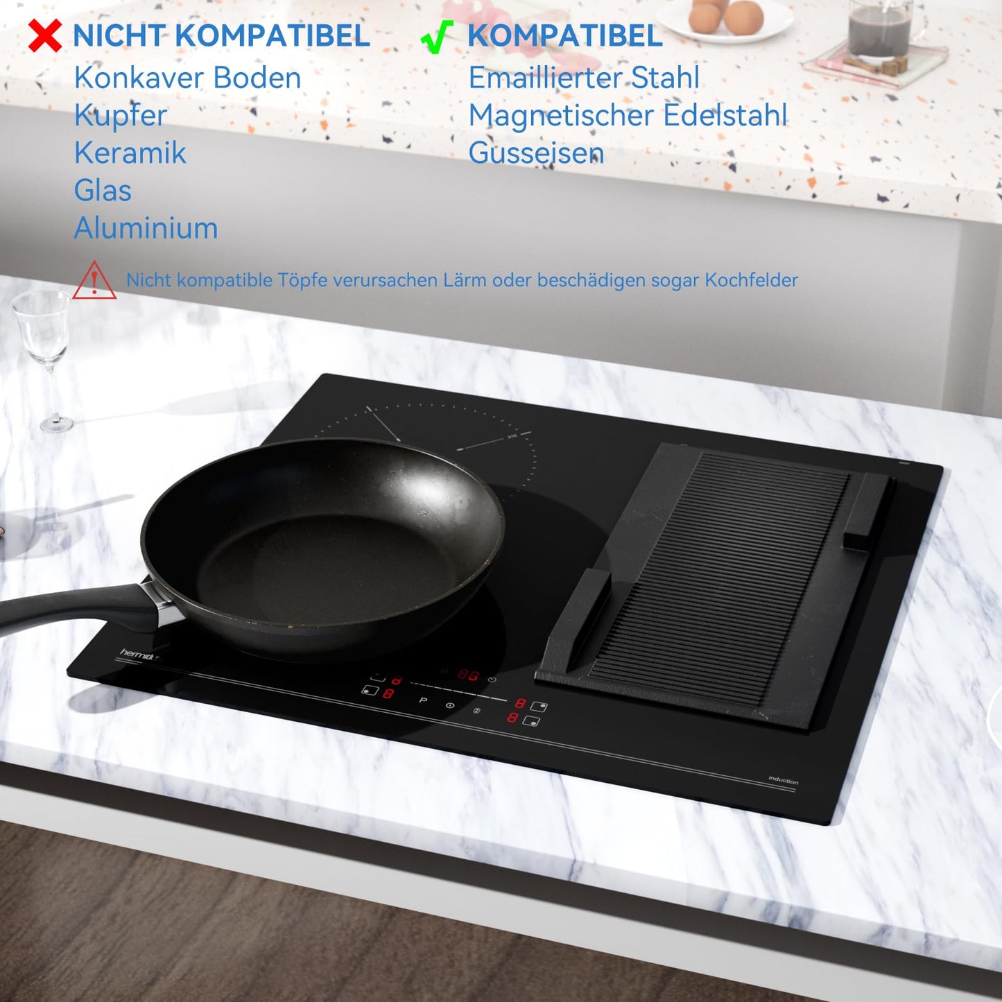 Hermitlux kochfeld 28,8cm, Glaskeramik Kochfeld 2 Platten, 9 Leistungsstufen, Touch-Steuerung, Timer, Kindersicherung, Geeignet für Alle Töpfe, 3300W