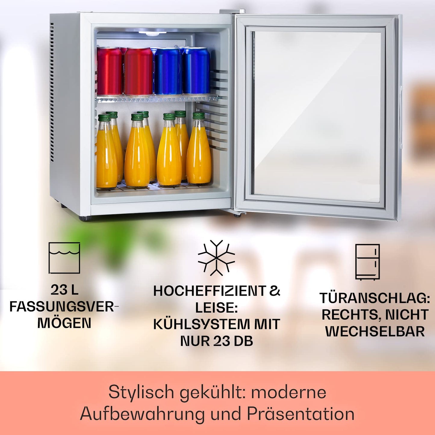 Klarstein Kühlschrank, Mini Kühlschrank mit Glastüre, Mini-Kühlschrank für Getränke, Snacks & Kosmetik, Kühlschrank Klein & Leise, Verstellbare Ablagen, Kleiner Skincare Kühlschrank 12-18°C, 23L