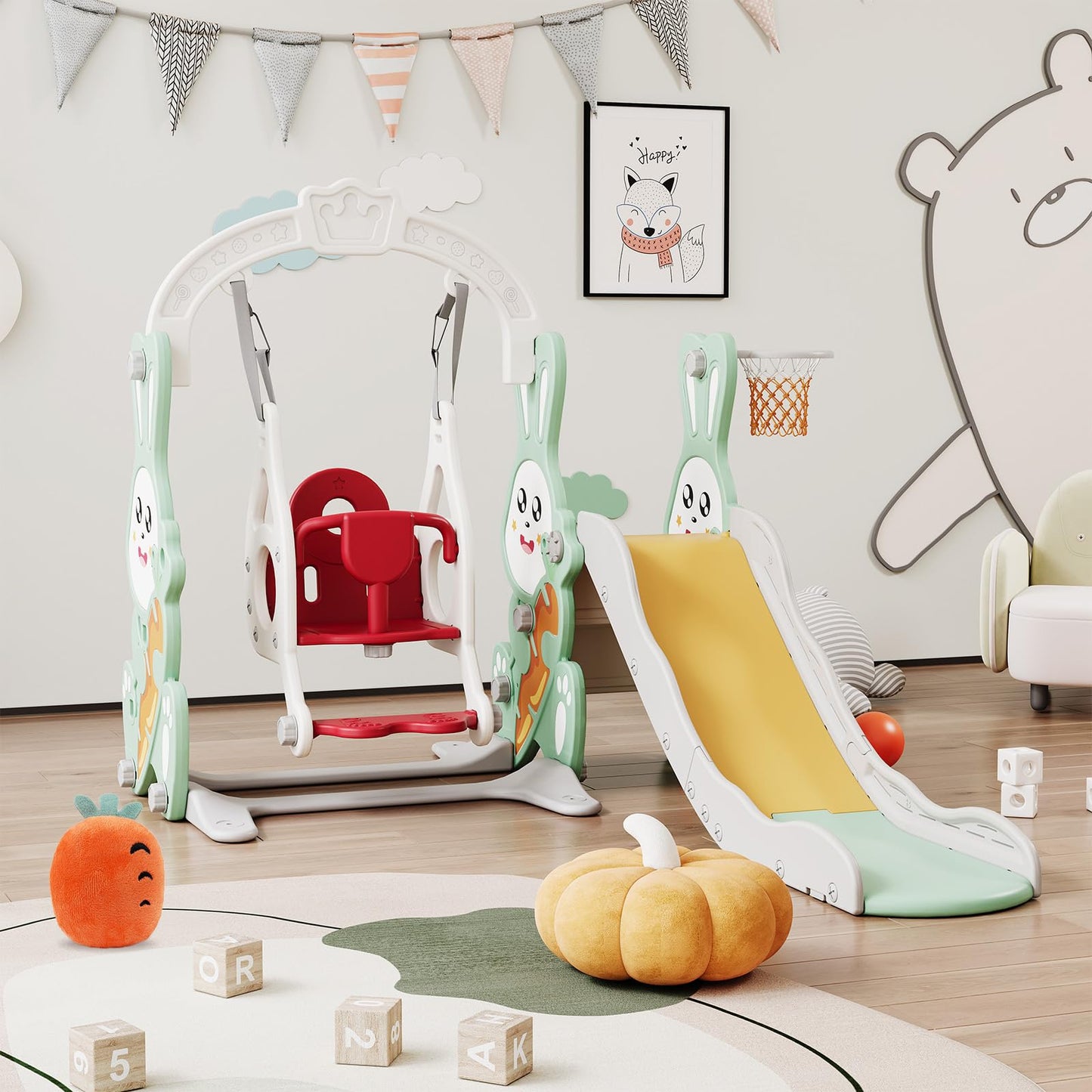 Kinderrutsche, Babyschaukel, 4 in 1, mit Schaukeln, Treppen, Gleiten, Basketballgestellen, Spielplatz für drinnen und draußen, multifunktionale Rutsche (Rosa, Kaninchen)