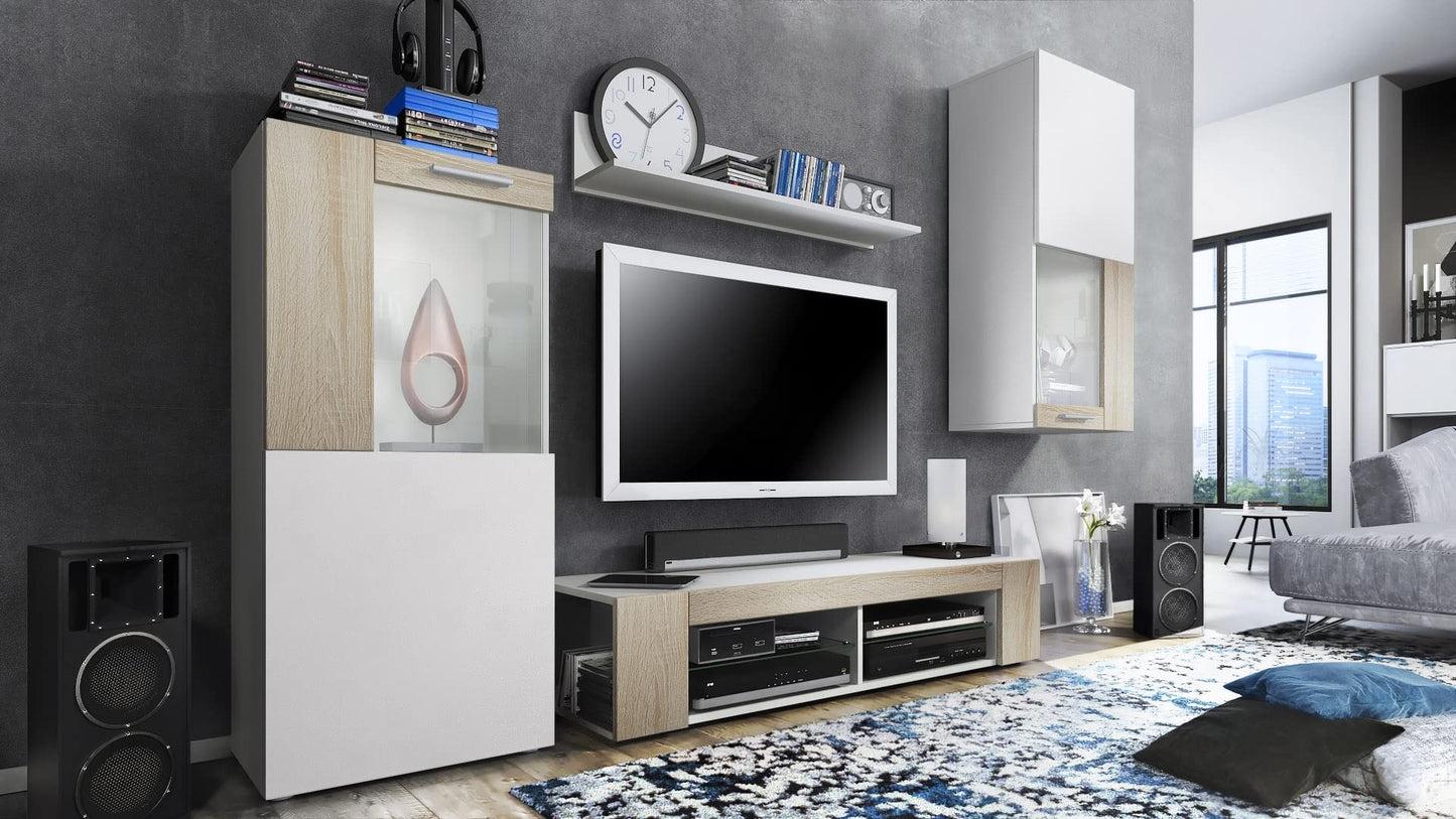 Vladon Wohnwand Movie, Anbauwand bestehend aus 1 TV-Board, 2 Vitrinen und 1 Regal, Weiß matt/Weiß matt/Weiß Hochglanz (Gesamt: 300 x 190 x 39 cm)