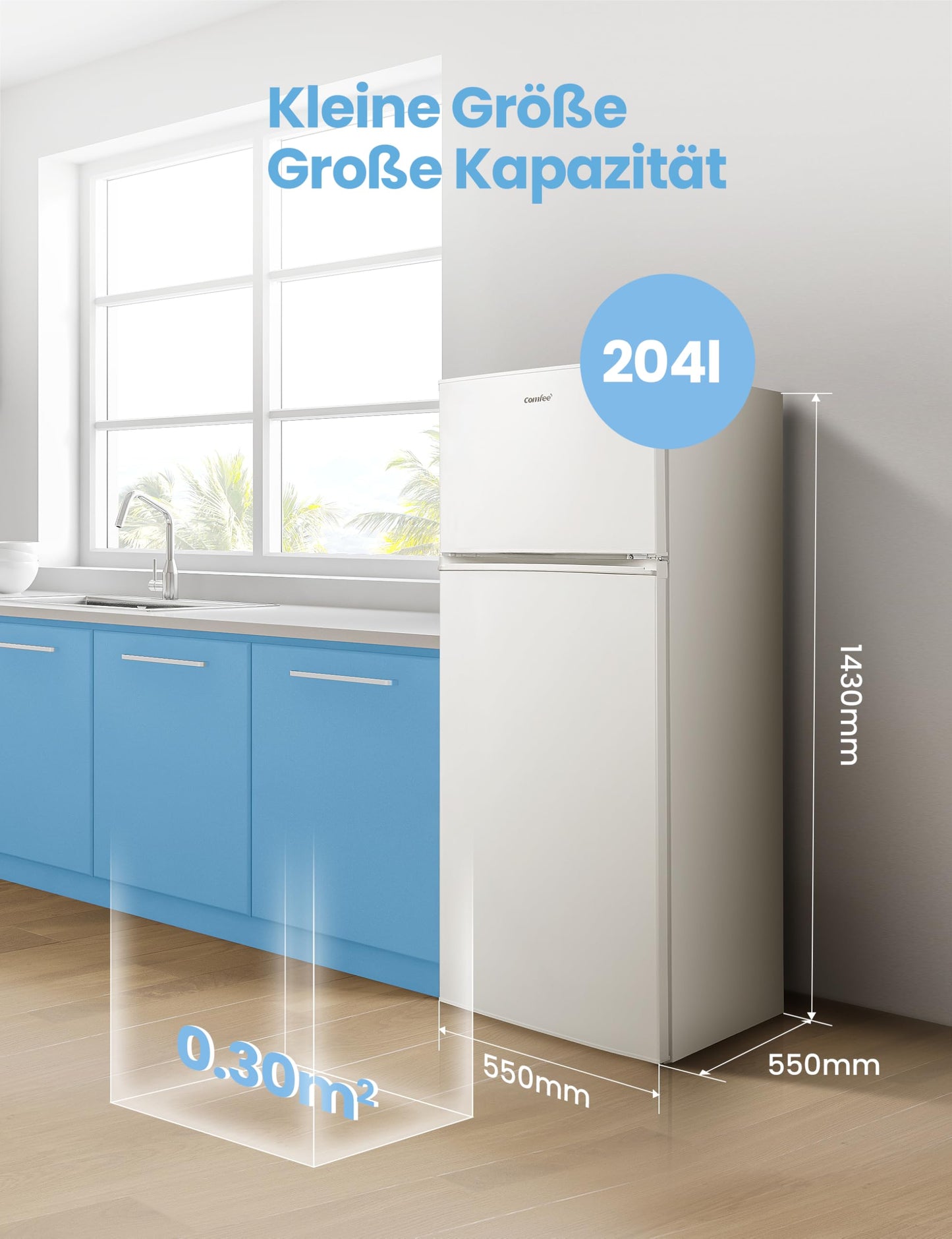 Comfee RCT284DK2A Fridge/Freezer, Top Freezer Compartment, 176 kWh/Year, 143 cm Height, LED Light, Reversible Door Hinge, Black