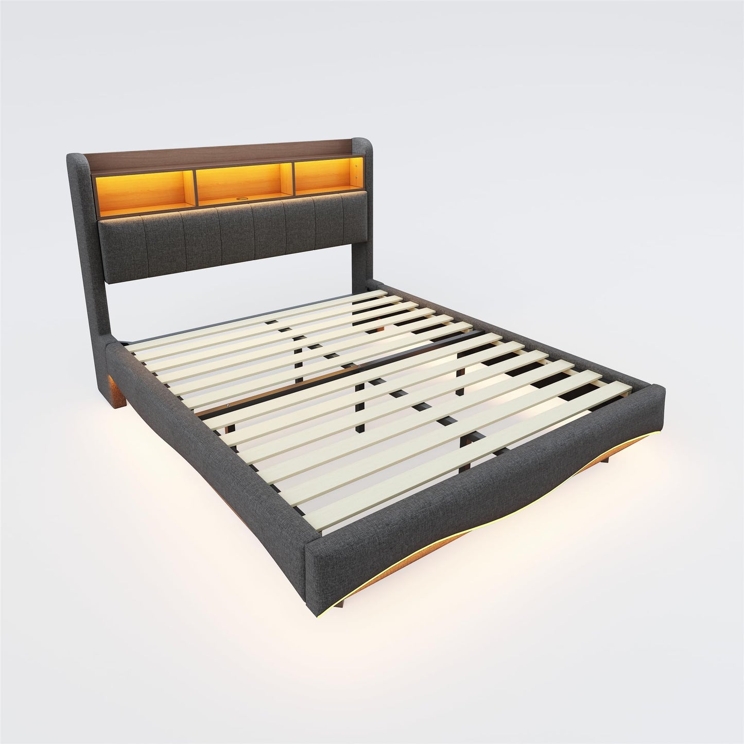 LAKFEW Polsterbett 140X200 cm, Doppelbett Stauraumbett mit LED-Beleuchtung, Erwachsenenbett mit USB/Typ-C, Bettgestell Bett mit Lattenrost, Ohne Matratze, Grau, Leinen