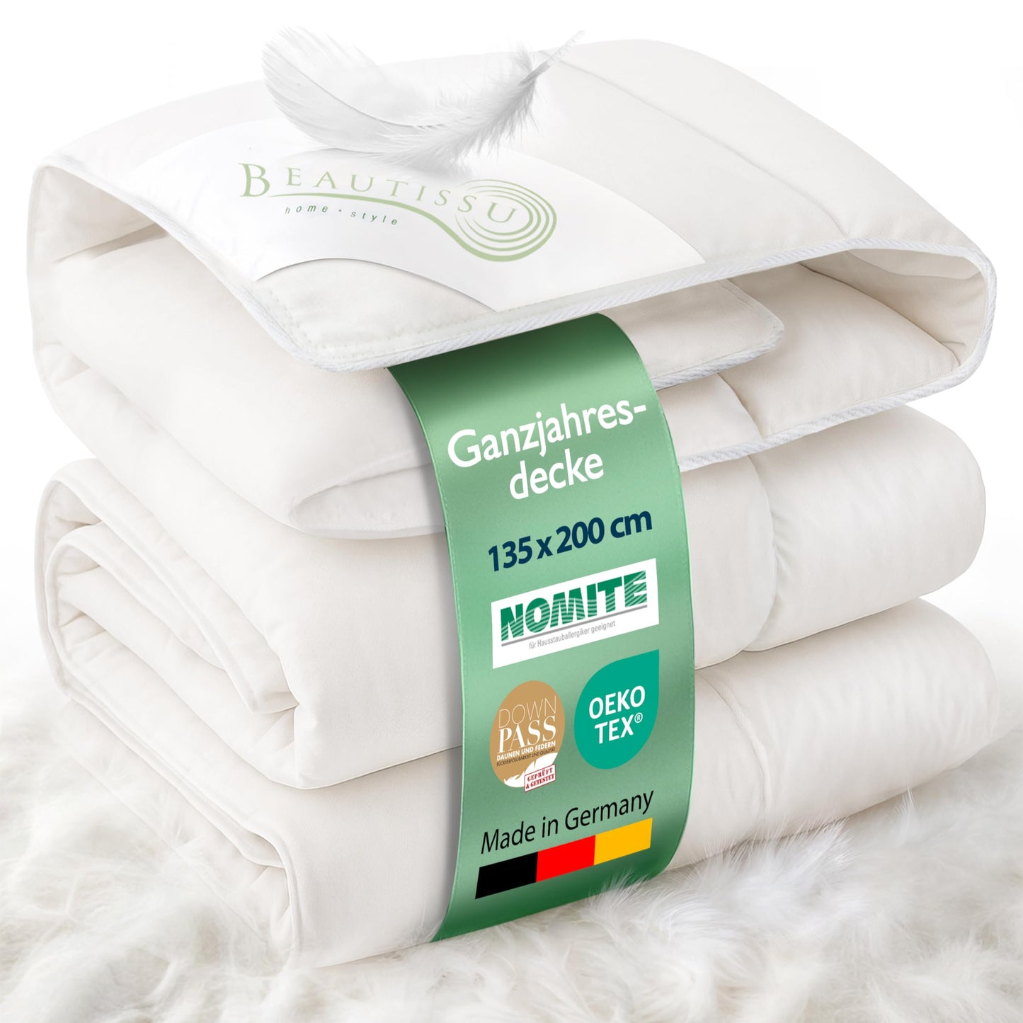 Beautissu All-Year Duvet Feather Duvet 135 x 200 cm with 100% Down and Feathers - Made in Germany - Oeko-Tex, Downpass & Nomite Certified - 100% Cotton Cover Down Duvet 135 x 200 cm Washable - GF