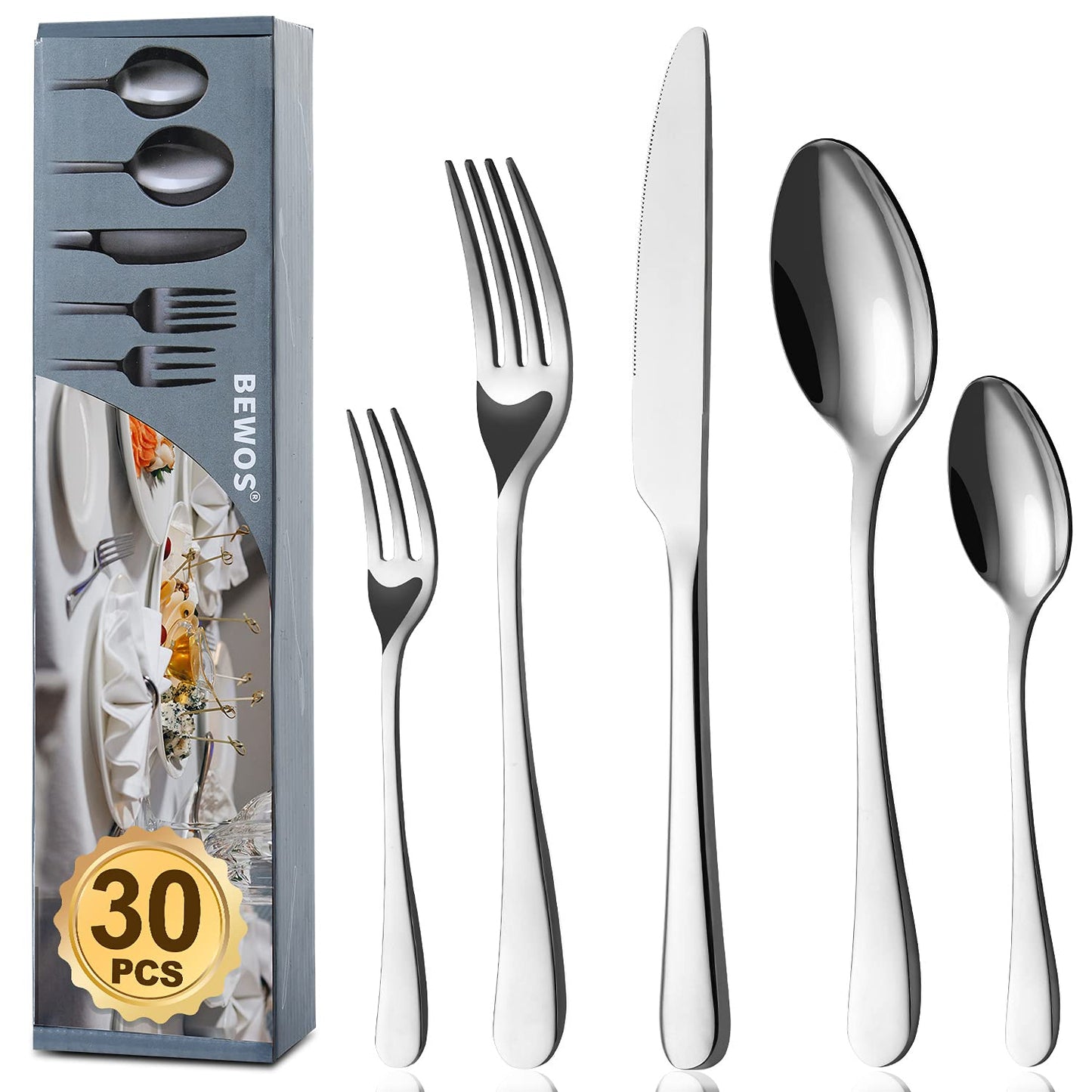 BEWOS Besteckset für 6 Personen, 30-teiliges Besteckset aus Edelstahl, Besteckset aus Silber, inklusive Messer, Gabeln und Löffel, hochglanzpoliert und spülmaschinenfest