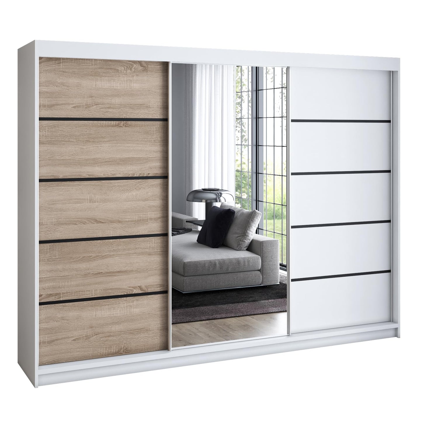A&J MöbelLand Schwebetürenschrank VILANO 2, 3-türig Schrank 200 cm Kleiderschrank mit 4 Schubladen, und Spiegel (Weiß, Schwarz, Somona) (Schwarz/schwarz/schwarz)