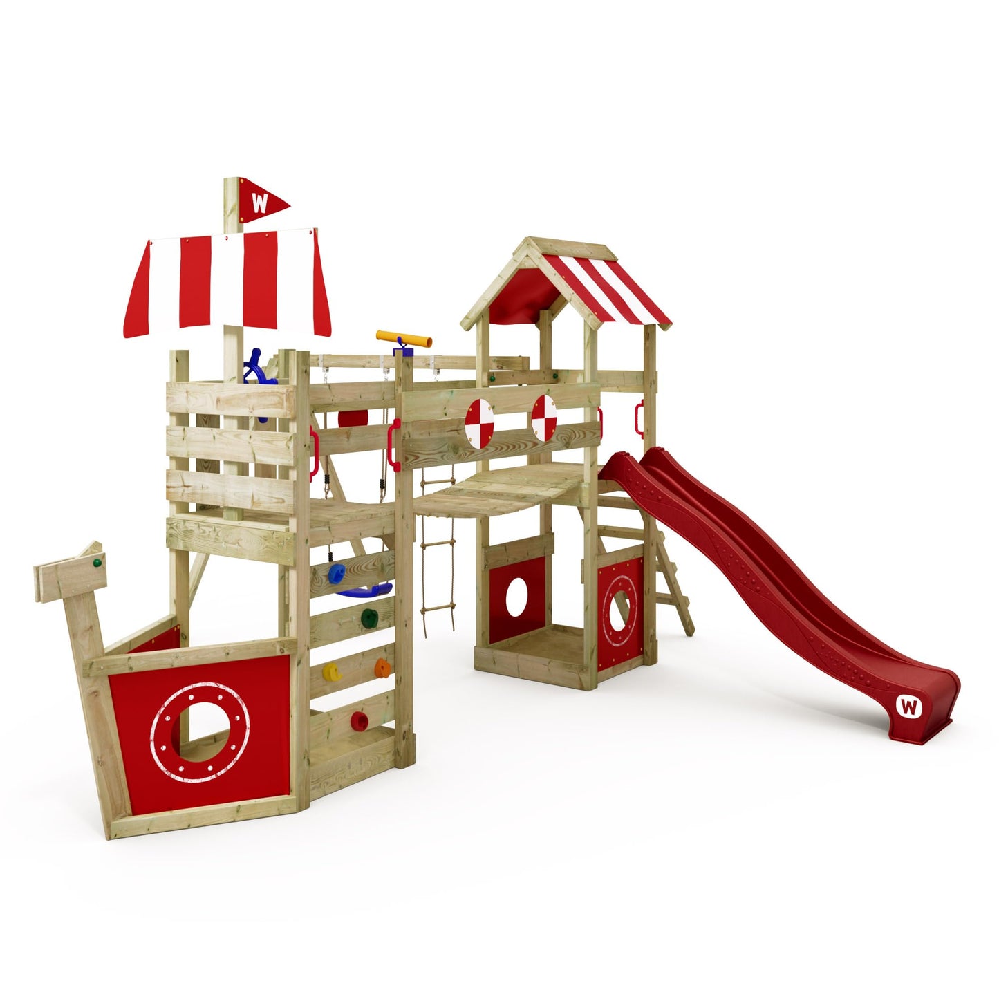 WICKEY Spielturm Klettergerüst StormFlyer mit Schaukel & roter Rutsche, Outdoor Kinder Kletterturm mit Sandkasten, Leiter & Spiel-Zubehör für den Garten