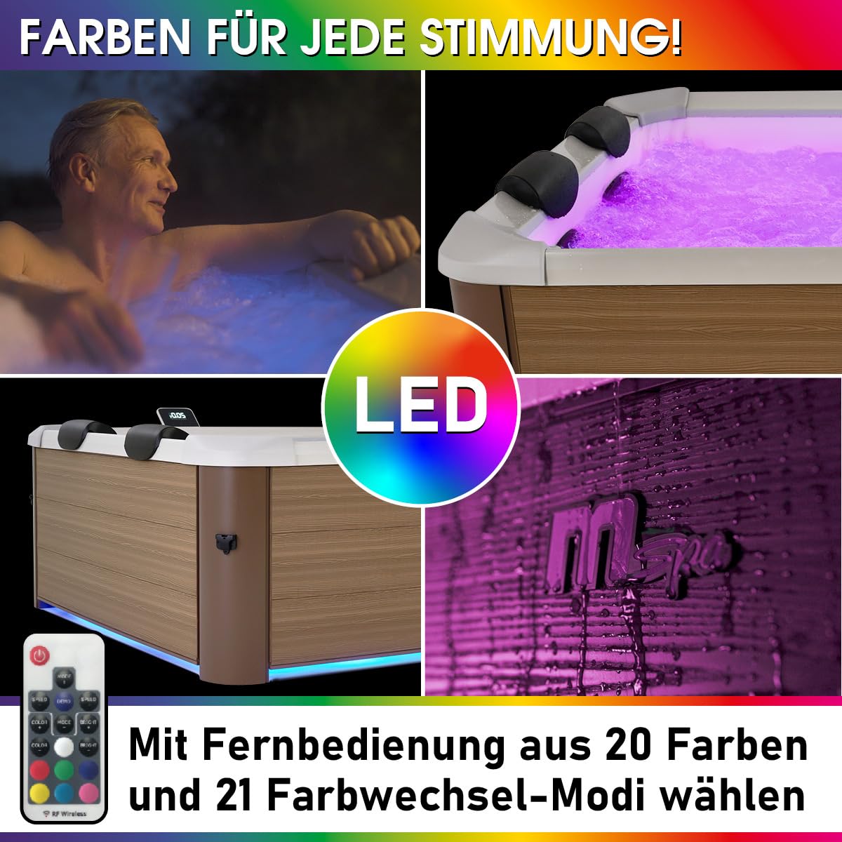 BRAST Whirlpool MSpa Oslo & Oslo Plus XXL mit Fester Außenwand | 160x160x65cm - 180x180x65cm | LED-Beleuchtung 20 Farben | 6 Personen | 120-140 Massagedüsen | Ganzjähriger Einsatz Winterfest