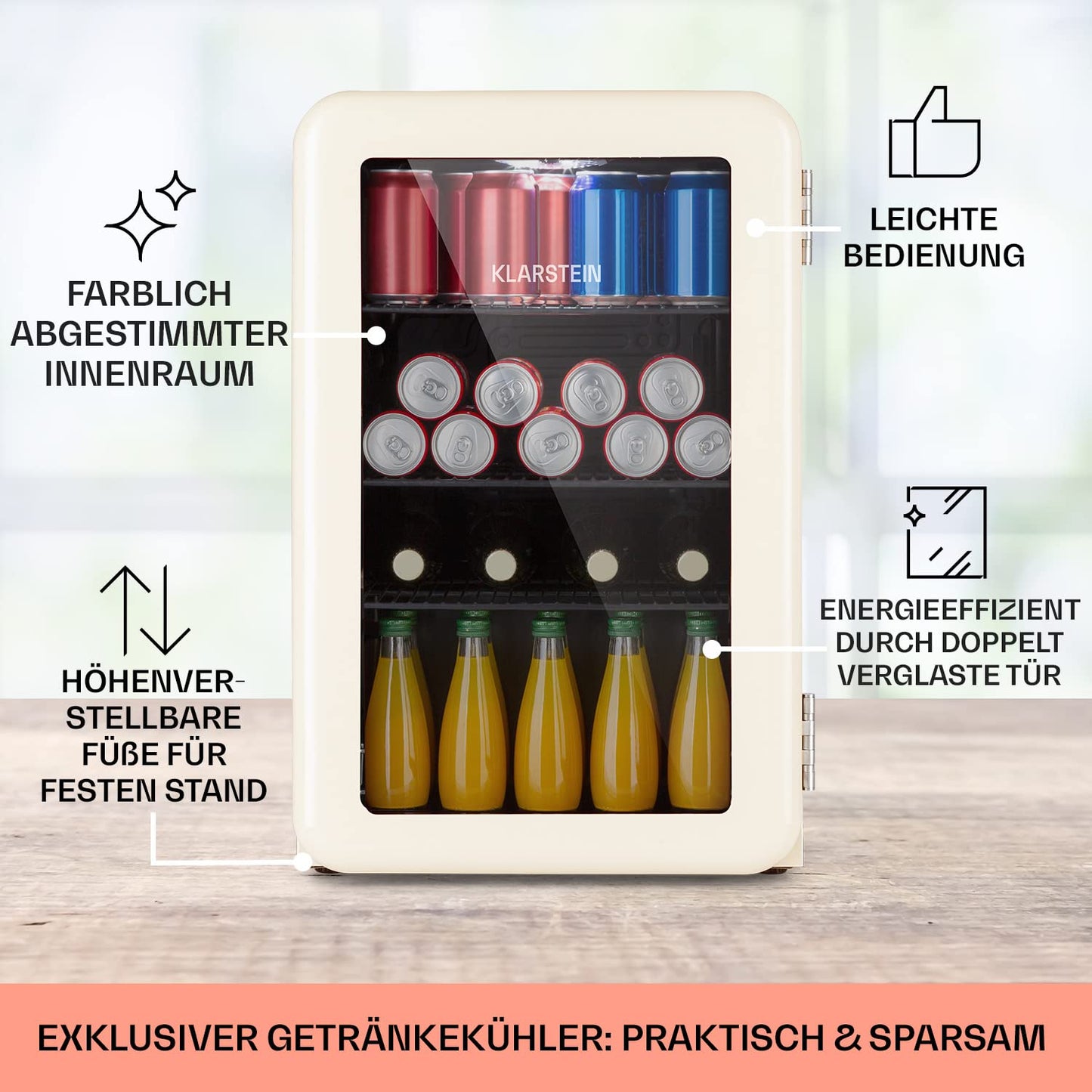 Klarstein PopLife Getränkekühler - Mini-Bar, Retrokühlschrank, 0-10°C, nur 39 dB, 115 L, umweltfreundlich, doppelt verglaste Tür, Retro-Design, rot