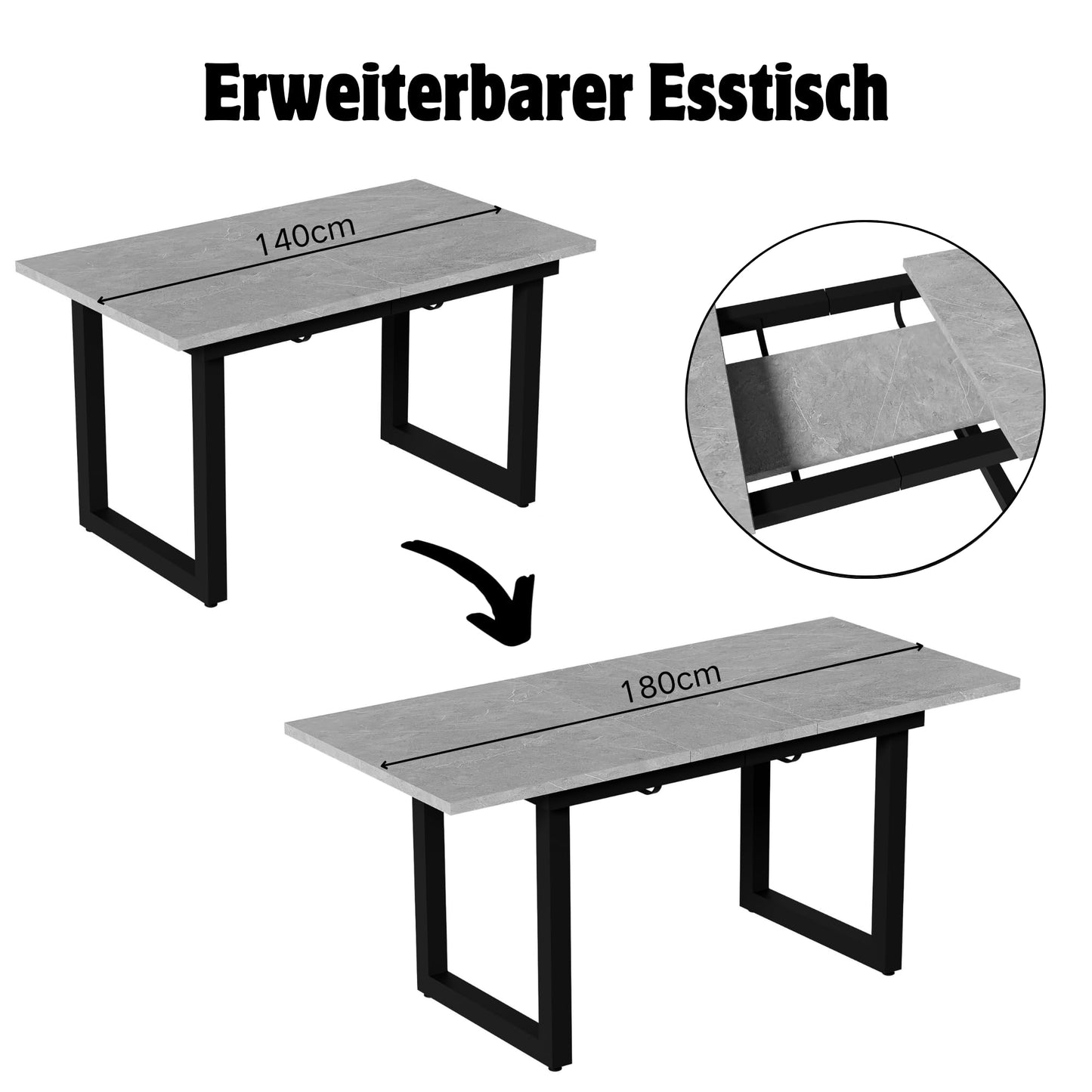 Merax Esstisch, Ausziehbar Esszimmertisch mit Tischbeine aus Metall, Rechteckiger Küchentisch für Wohnzimmer und Esszimmer, Grau