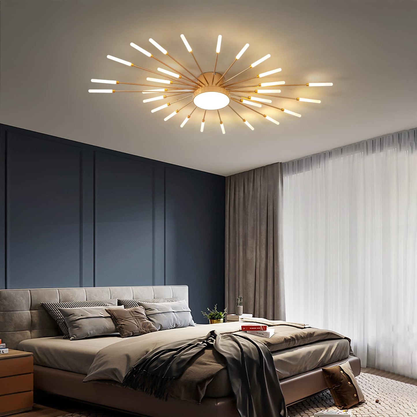 minifair Moderne LED-Deckenleuchte, 12 + 1 Köpfe, halbbündige Deckenleuchte, goldene Kronleuchter, Deckenbeleuchtung für Schlafzimmer, Wohnzimmer, Küche, Esszimmer, Restaurant