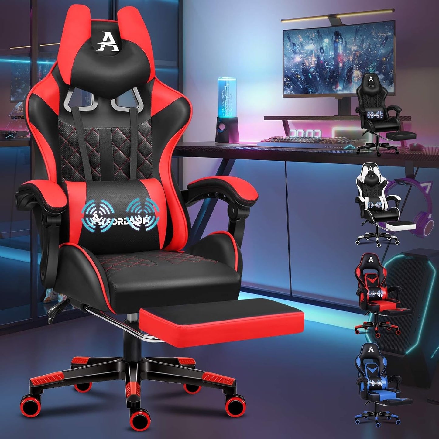 ALFORDSON Premium Gaming Chair with Footrest and Lumbar Support, Ergonomic Design, 150° Tilt, Leather Desk Chair for Gaming Office, 180kg Load Capacity, Red