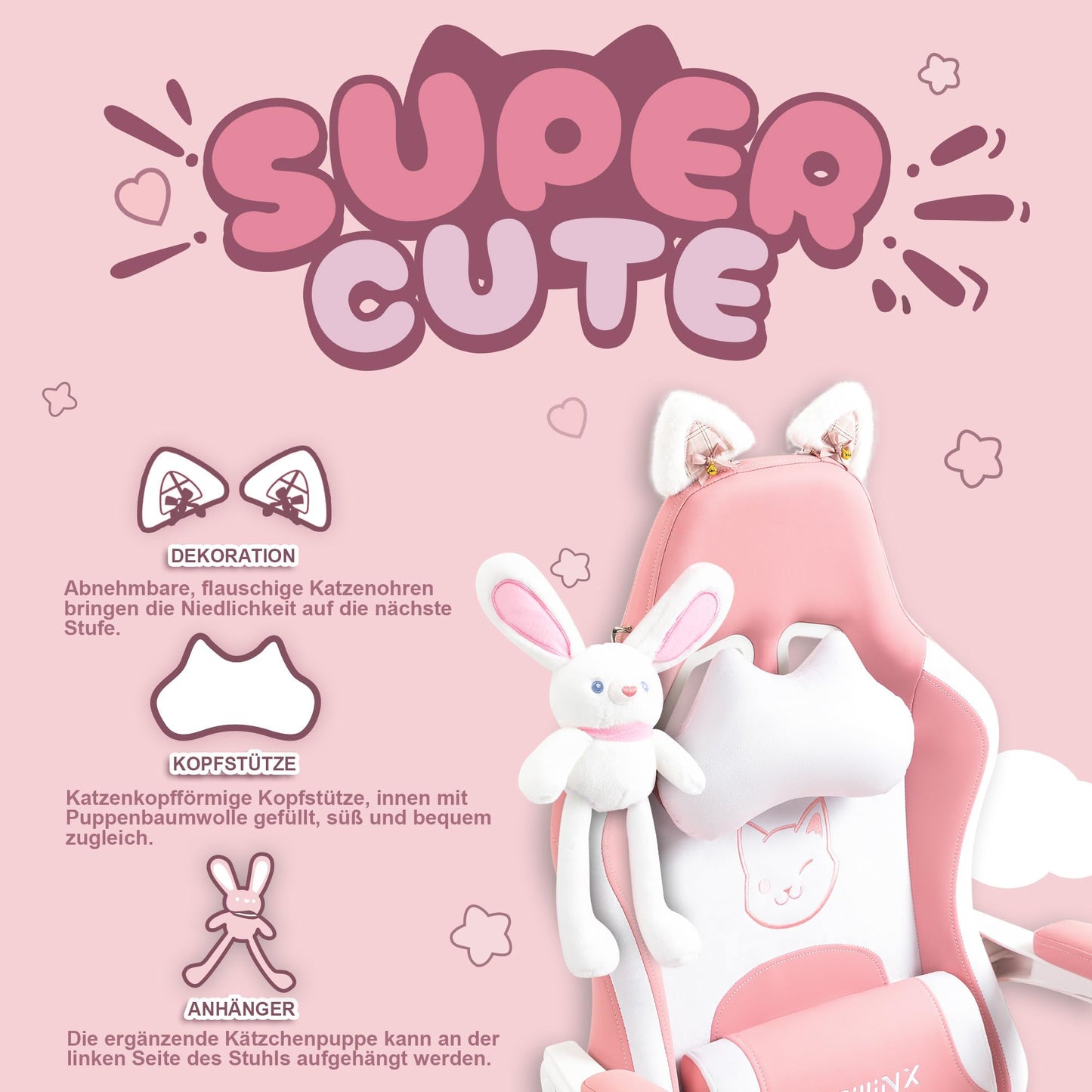 Dowinx Gaming Chair - Cute Cat Edition - Ergonomic Computer Chair with High Back and Lumbar Support, PU Leather, Footrest, Black