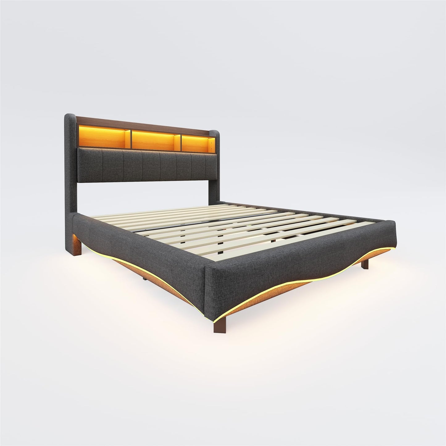 LAKFEW Polsterbett 140X200 cm, Doppelbett Stauraumbett mit LED-Beleuchtung, Erwachsenenbett mit USB/Typ-C, Bettgestell Bett mit Lattenrost, Ohne Matratze, Grau, Leinen