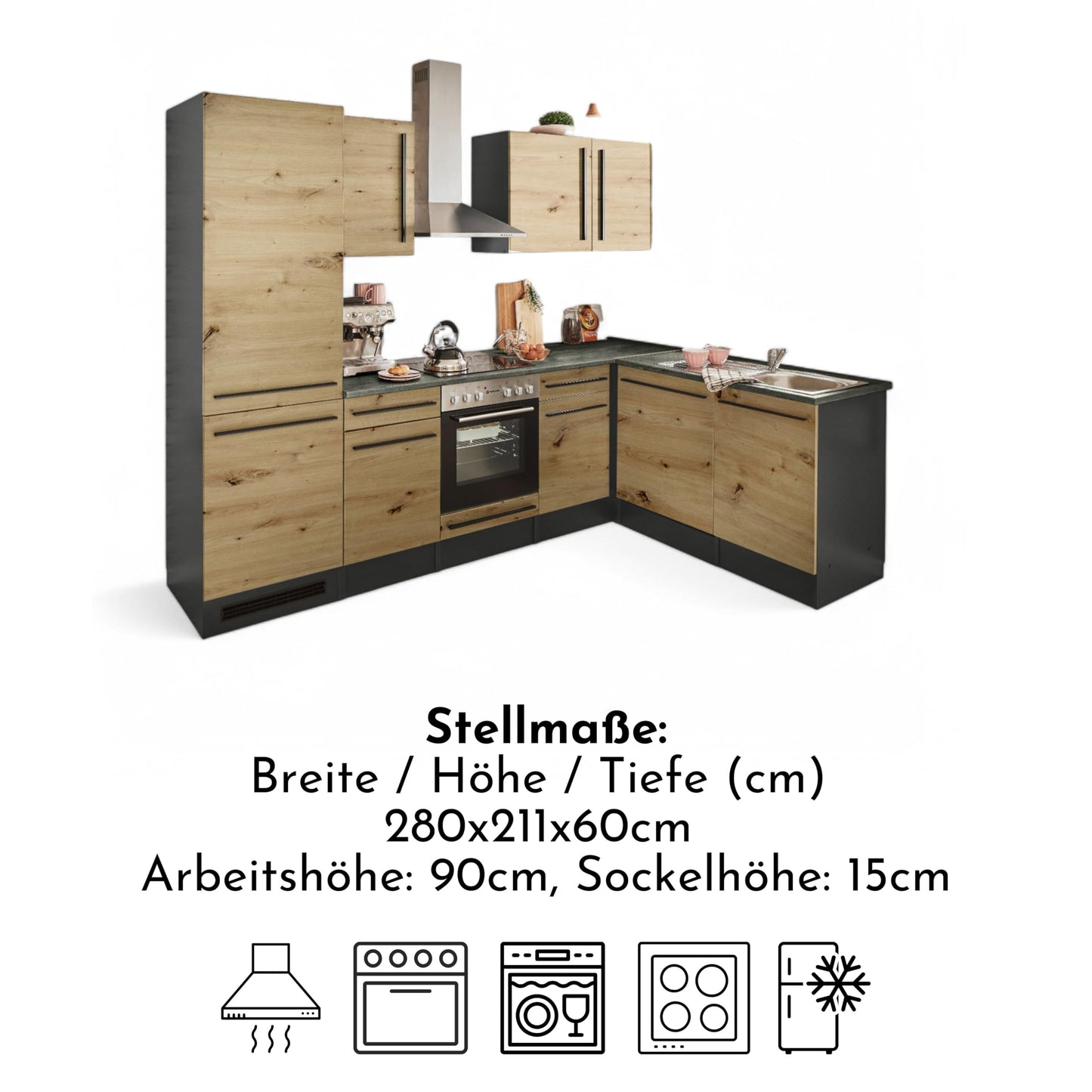 Jazz 8 Modern Corner Kitchen without Electrical Appliances in White High Gloss, Metallic Grey - Spacious Kitchen Unit in L-Shaped with Lots of Storage Space - 220 x 211 x 60 cm (W x H x D)