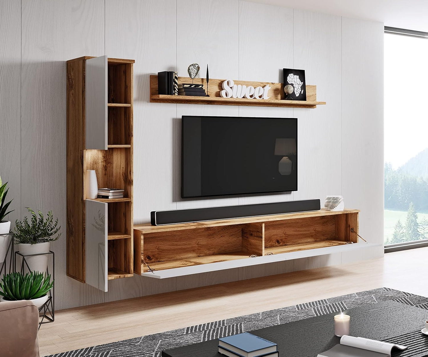 MINIO go for it - Parma XL Wall Unit, 4-Piece Set, with LED Lighting, Hanging or Standing, 2 x Highboard, Lowboard, Wall Board, Laminated Chipboard, Colour: Wotan Oak