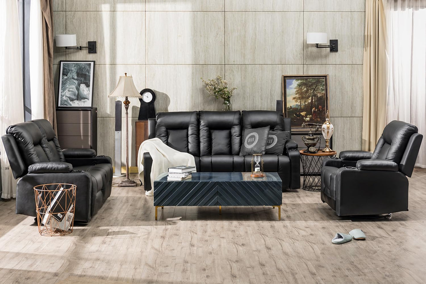 COMHOMA Relaxsessel-Set, Sofa, Sofa-Set aus Kunstleder, Fernsehsessel Ruhesessel Liegesessel mit Liege-Funktion Polstersessel Schlafsessel für Wohnzimmer Schlafzimmer Heimkino,Schwarz, 3+2+1