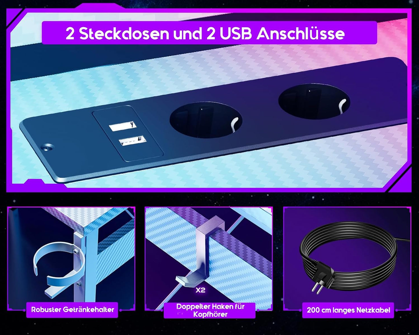 ODK Gaming Tisch mit LED, Gaming Schreibtisch mit 2 Steckdosen und 2 USB Ladeanschluss, PC Tisch Gaming mit großzügiger Monitorablage, Gamer Schreibtisch in Kohlefaser Weiß, 129x129 cm