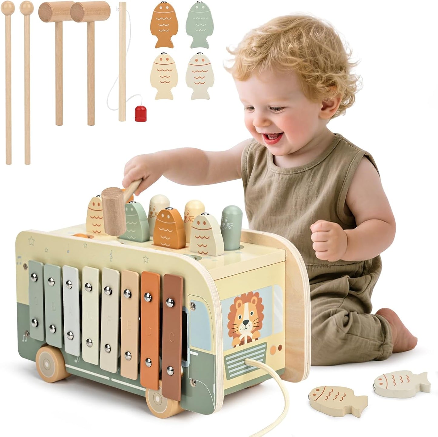 Vanplay Montessori Spielzeug ab 1 Jahr, 7 in 1 Hammerspiel Angelspiel Magnet Holzspielzeug Motorikspielzeug, Xylophon Kinder 1 Jahr, Geschenk Kinderspielzeug ab 1 2 3 Jahre Mädchen Junge