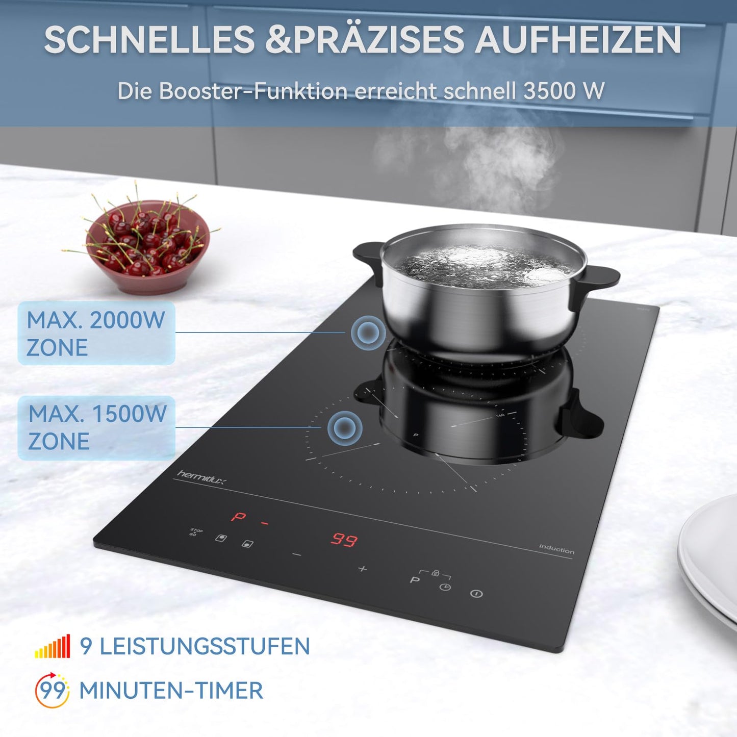Hermitlux kochfeld 28,8cm, Glaskeramik Kochfeld 2 Platten, 9 Leistungsstufen, Touch-Steuerung, Timer, Kindersicherung, Geeignet für Alle Töpfe, 3300W