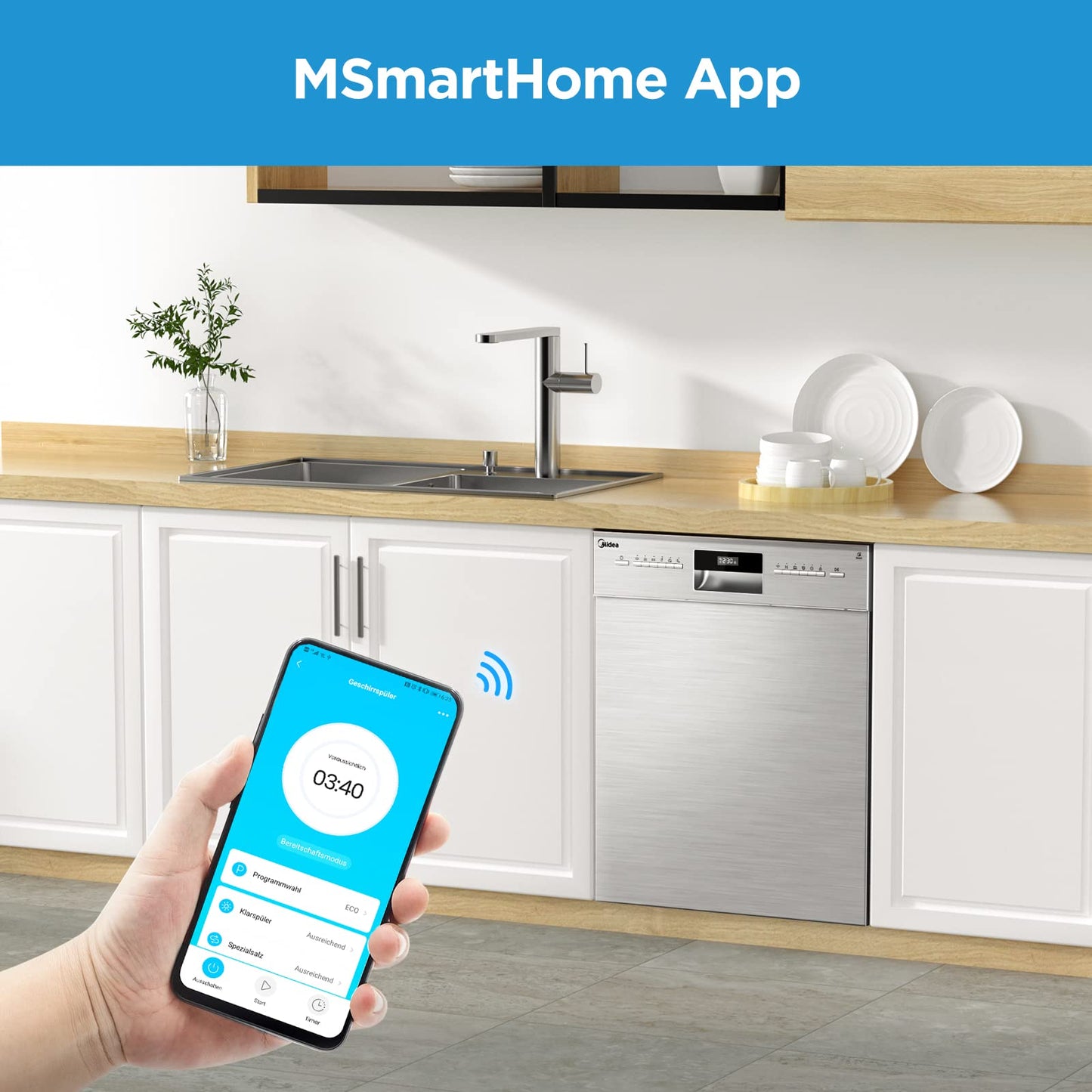 Midea MDWEU1435XSS-W Dishwasher, Integrated, 14 Place Settings, 60 cm, Partially Integrated with WiFi, Extra Drying, 7 Programmes, 47 dB, 0-24 Hours Start Time Delay, Stainless Steel