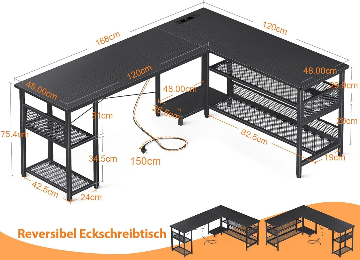 ODK Gaming Tisch, Reversibel Gaming Schreibtisch mit 2 Steckdosen und 2 USB Ladeanschluss, Eckschreibtisch für Office und Gaming, Weiß, 150×102cm
