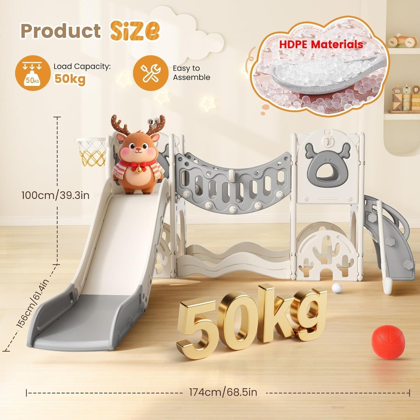 Children's Slide, Large Toddler Slide with Basketball Hoop, Climbing Frame for the Garden, Telescope, Storage Space, for 1-3 Years, Extra Long 1700 mm (7-in-1 Elk Slide Active Model (Khaki)))