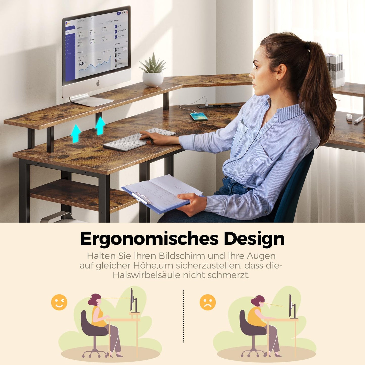 Rolanstar Schreibtisch L Form mit LED & Steckdosen, 117 cm Computertisch mit Monitorständer & Ablagefläche, Reversibler Eckschreibtisch mit 2 Haken, perfekt für Arbeitszimmer Schlafzimmer Büro