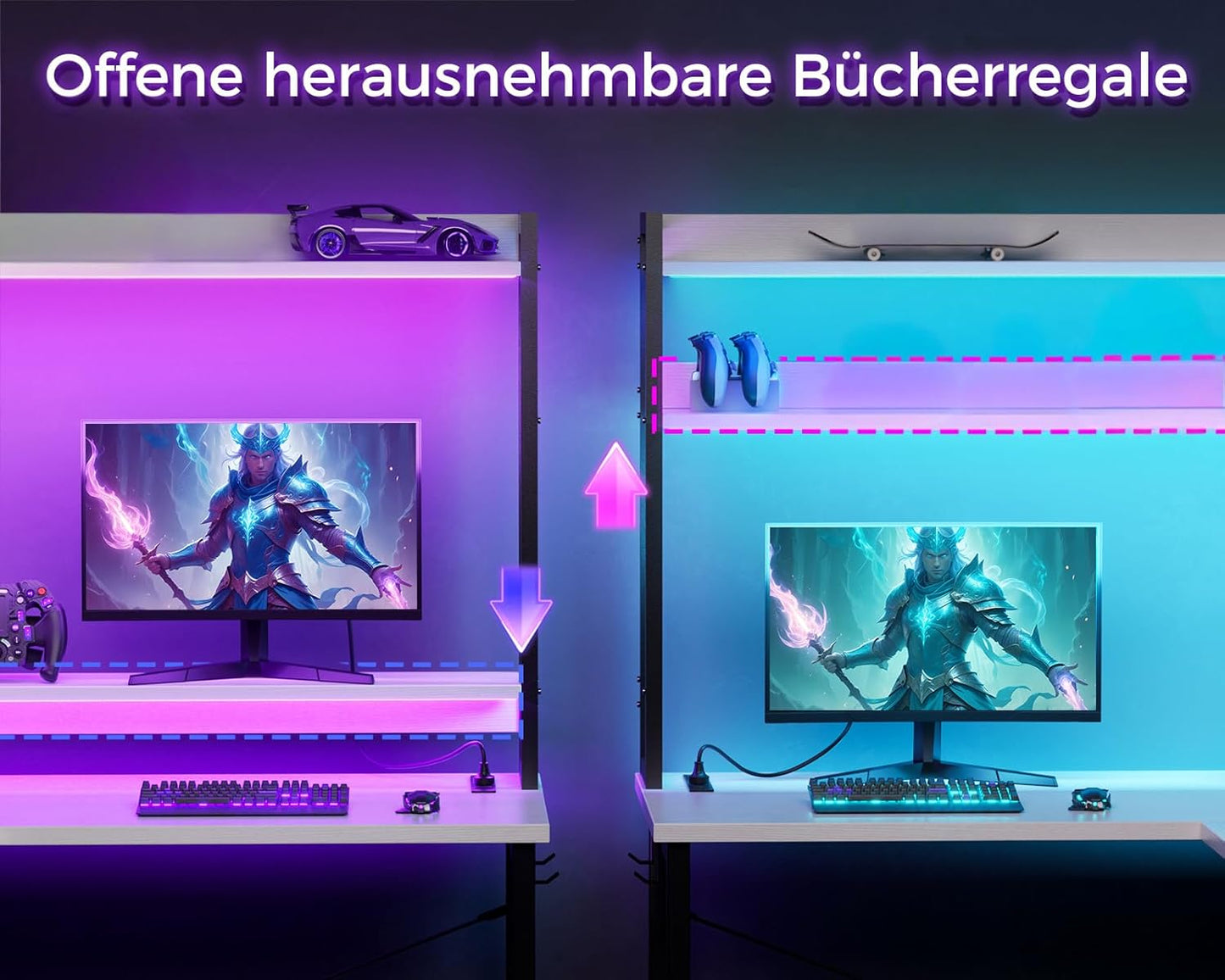 ODK Eckschreibtisch Weiß mit Stall, 150×120 cm Reversibel Gaming Tish L Form mit LED, Computertisch mit USB-Ladeanschluss&Steckdose, Gaming Schreibtisch für das Heimbüro