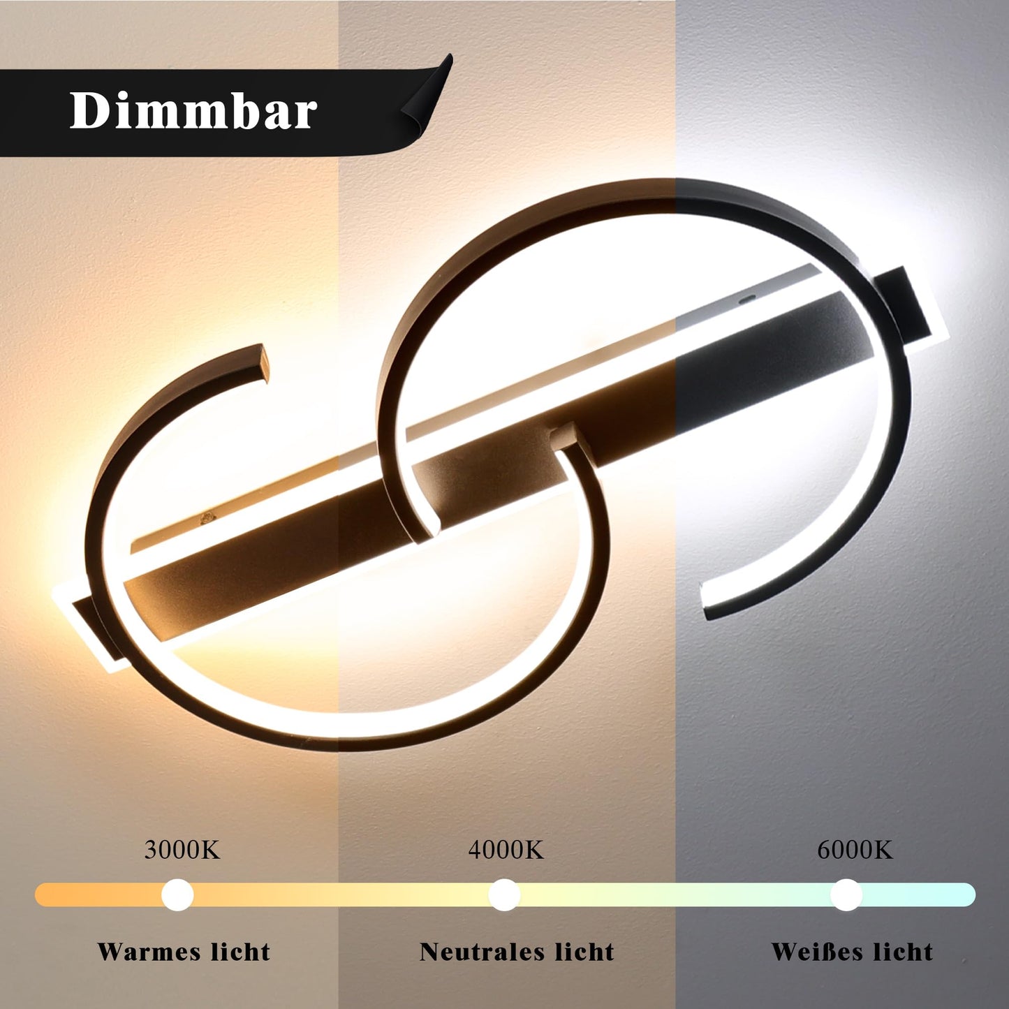 LUOLONG LED Deckenleuchte Dimmbar Deckenlampe Schwarz Wohnzimmerlampe 35W mit Fernbedienung 2-Ringen kreis Deckenleuchte Schlafzimmerlampe Arbeitzimmer Büro Modern Led deckenbeleuchtung-40cm Schwarz