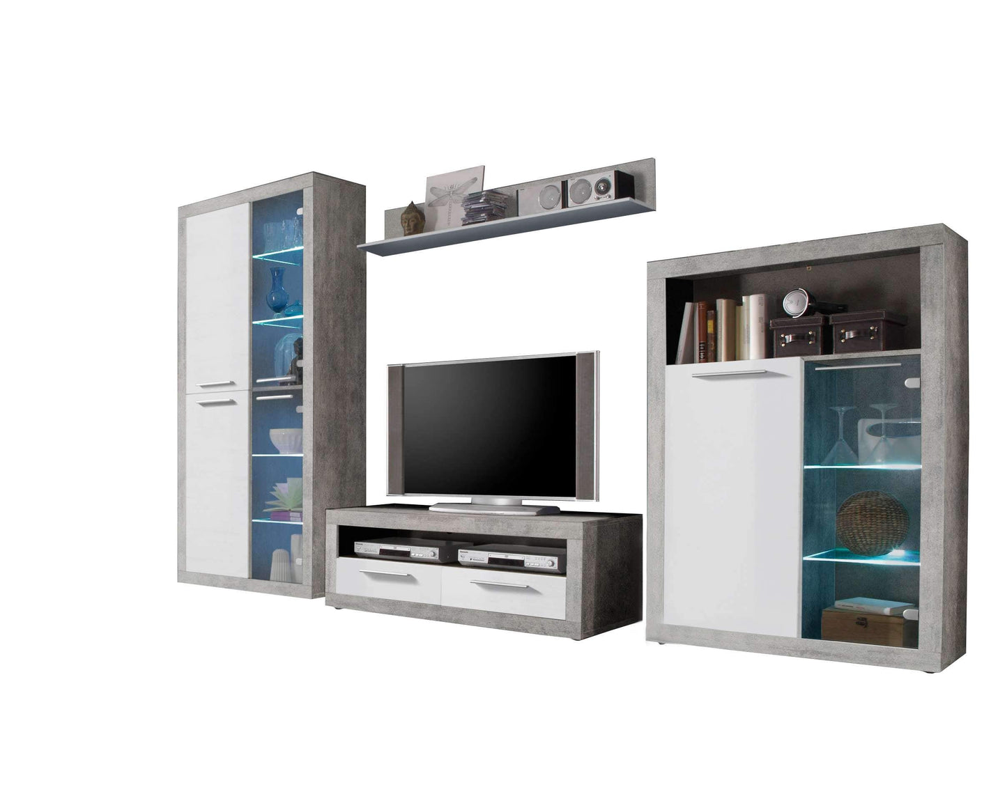 STONE Wohnwand Komplett-Set in Beton Optik, Weiß - Moderne Schrankwand für Ihr Wohnzimmer - 304 x 194 x 48 cm (B/H/T)