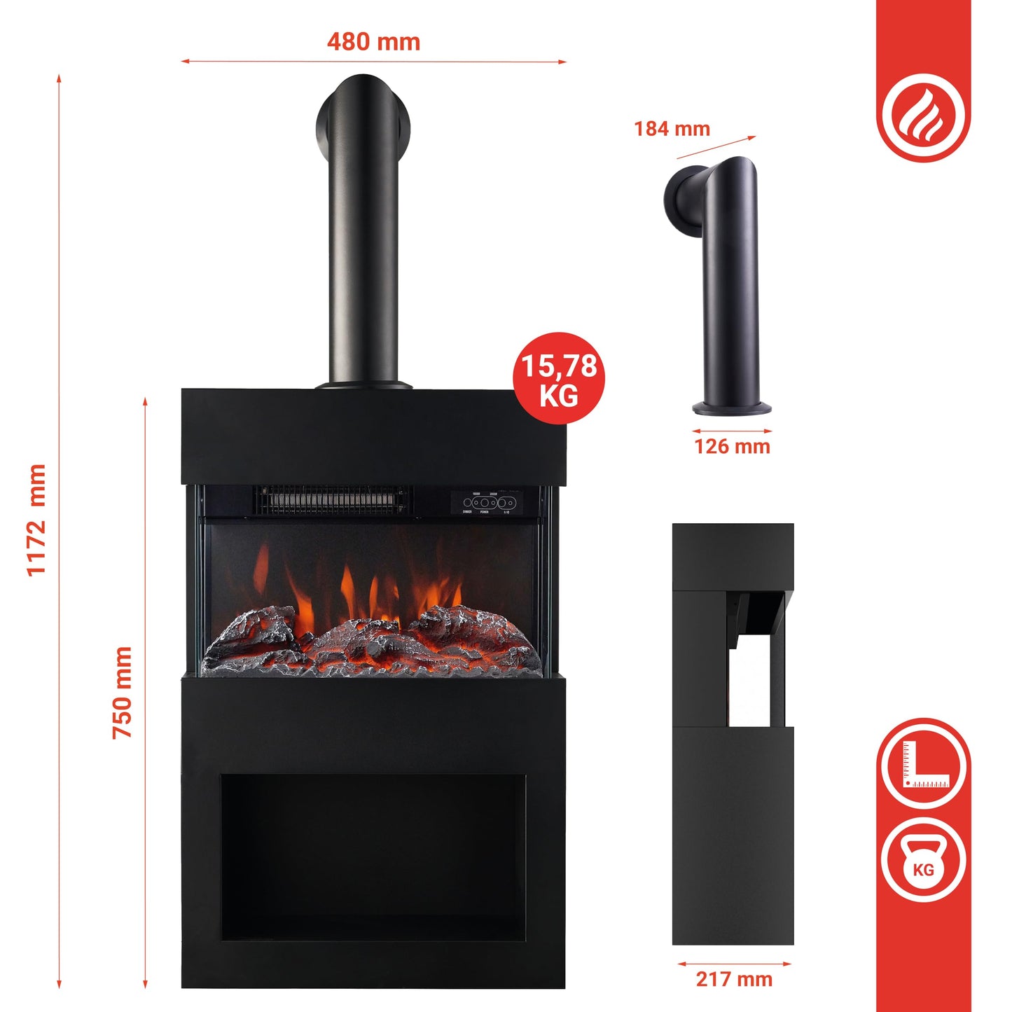 KAMINIO Henri Electric Fireplace with Stove Pipe - Electric Stove with Heater, 3D Flame Effect, Wooden Compartment, Remote Control (White)