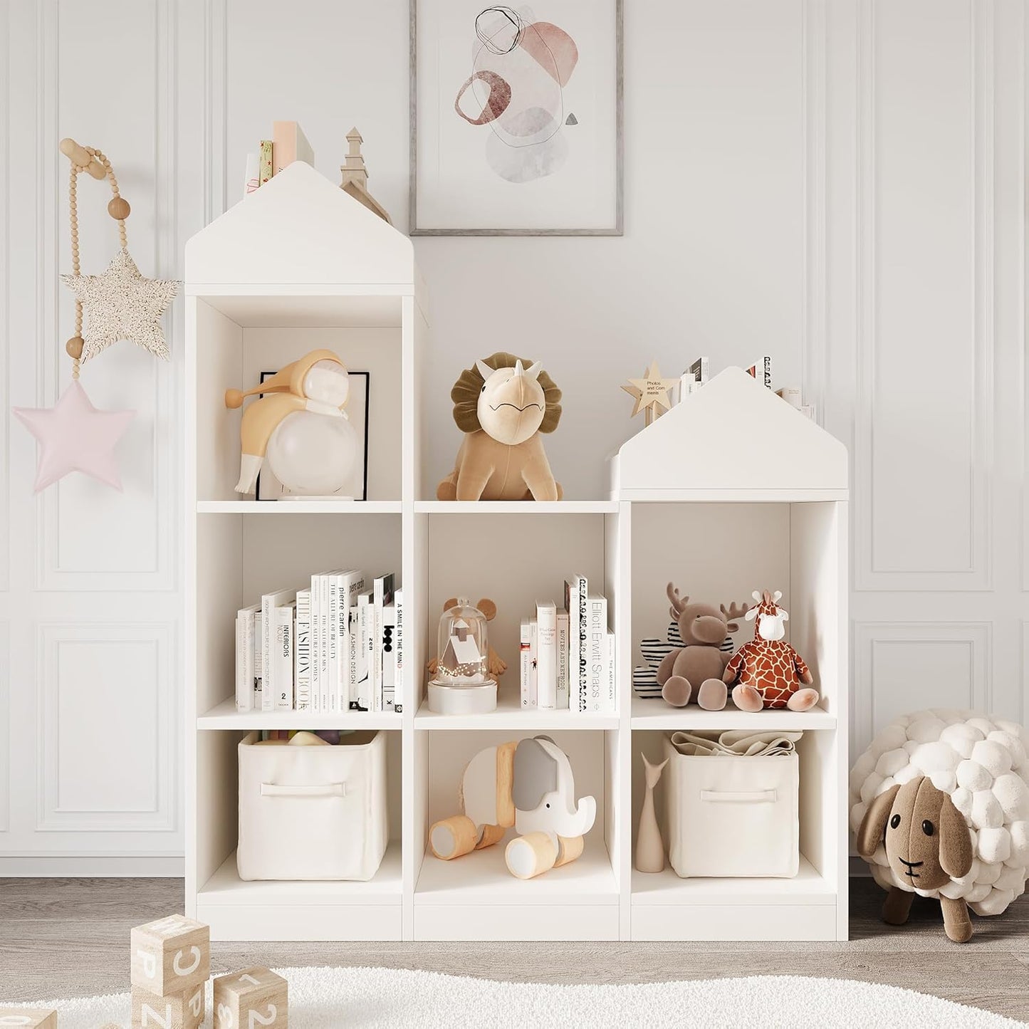 Garvee Kinder Bücherregal mit Lese Breite Kinder Bücherregal 6-Cubby Spielzeug Aufbewahrung Organizer Sitzkissen Holz Aufbewahrungsbank Spielhaus Schrank Kinderzimmer, Spielzimmer Weiß 121x30x107cm