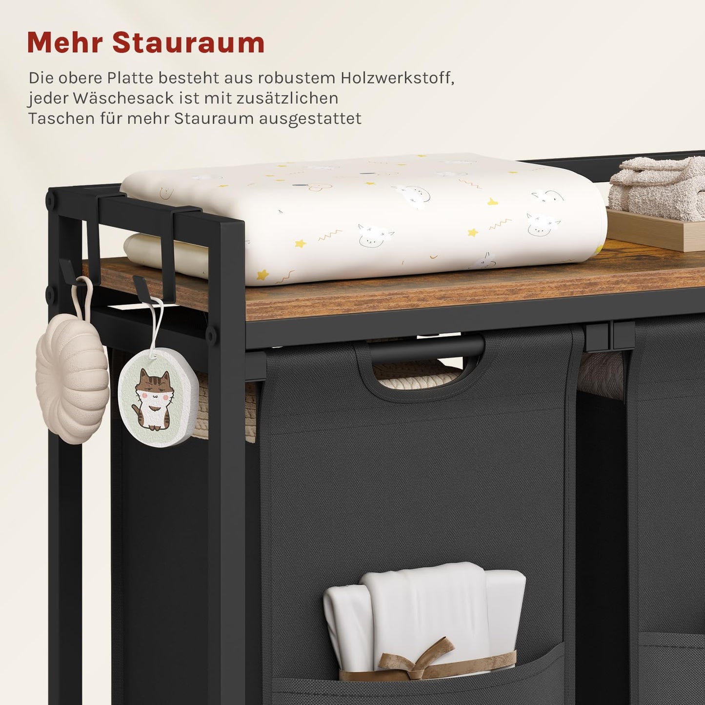 WOLTU Laundry Basket, 3 Compartments, Each 40 L, Laundry Hamper with Shelf Metal Frame, Oxford Fabric Laundry Bag, Extendable, Removable, Laundry Sorter, Laundry Container, White