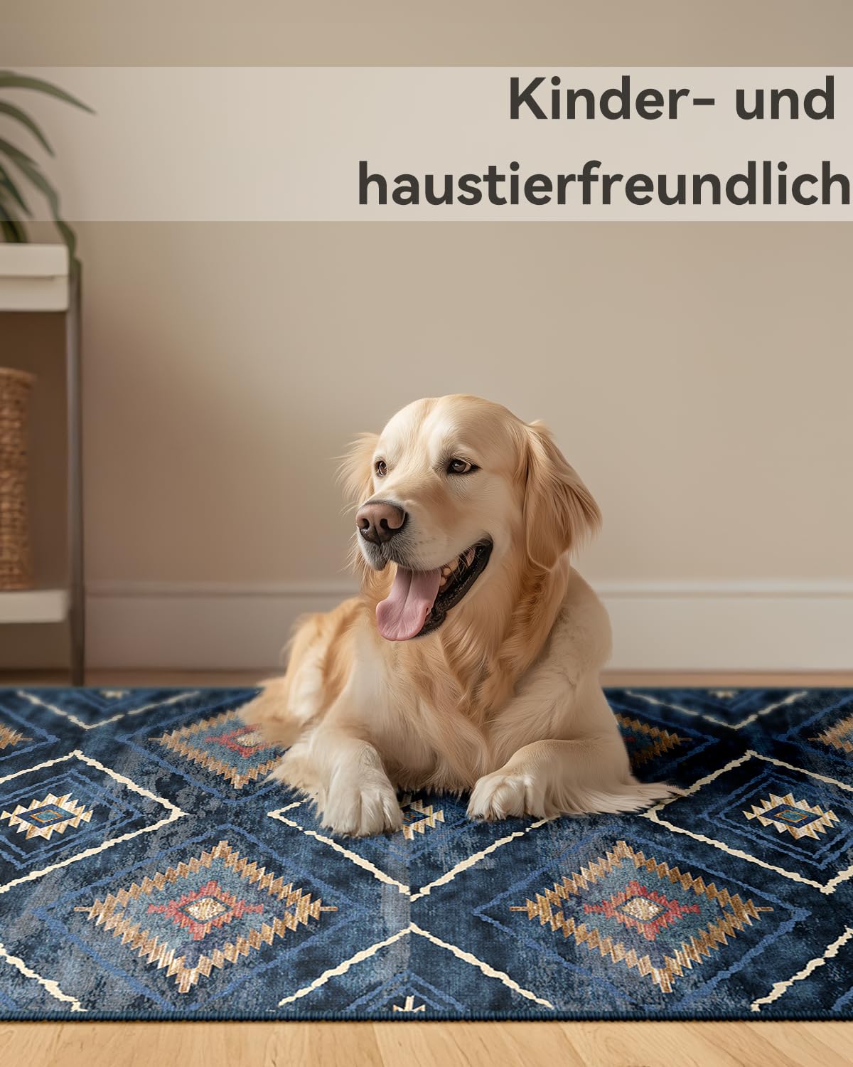 DEFYNEE Teppich Wohnzimmer 120 x 180 cm – Waschbarer Kurzflor Teppich, rutschfest, Vintage & Boho Stil, Pflegeleicht – Für Flur, Wohnzimmer, Schlafzimmer & Esszimmer, Dunkelblau