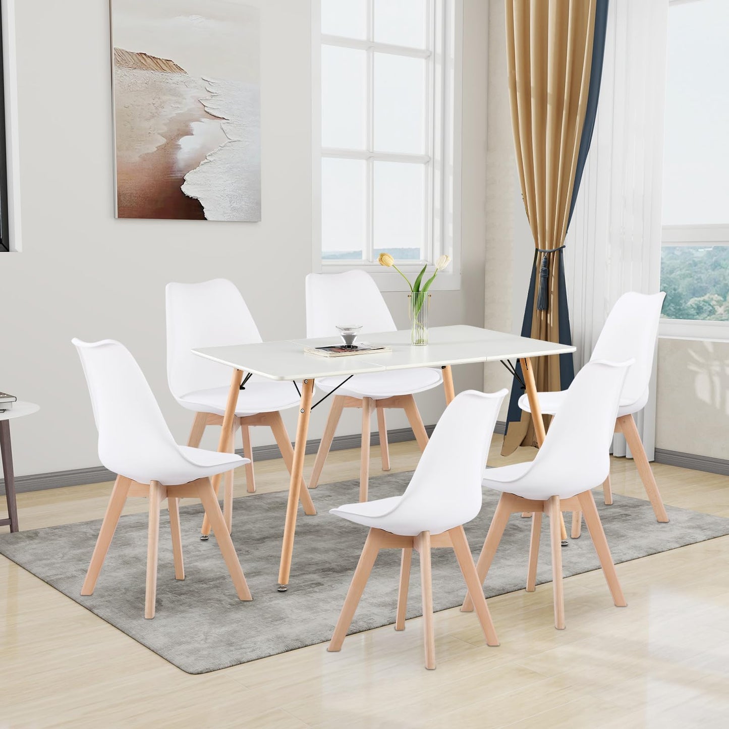 H.J WeDoo Esszimmergruppe mit 4 Essstühlen, Rechteckig Esstisch und Stühle für Esszimmer, Küche, Wohnzimmer, Weißer Esstisch und Graue Stühle