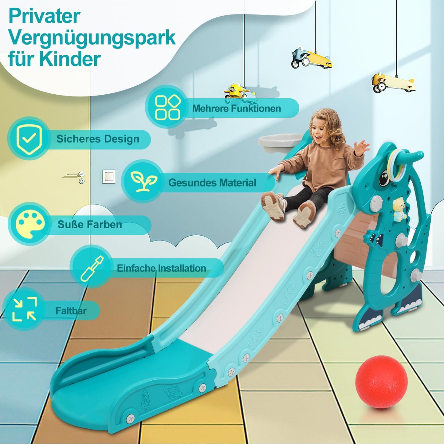 Joparri Children's Slide Foldable Children's Slide Stable Garden Slide with Basketball Hoop and Armrests, Children's Fun Slide with English Early Education Device, Indoor and Outdoor Toddler Slide,
