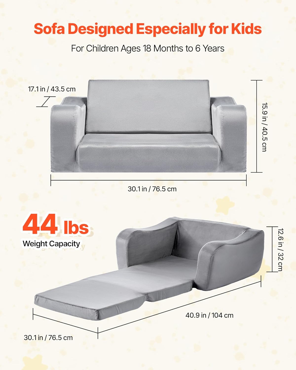 VEVOR Children's Sofa Children's Chair Made of 28D Sponge & Short Pile with Armrests, Fold-Out Children's Couch in Lounger, Sofa Bed Children (18 Months - 6 Years), Birthday Gift for Girls & Boys