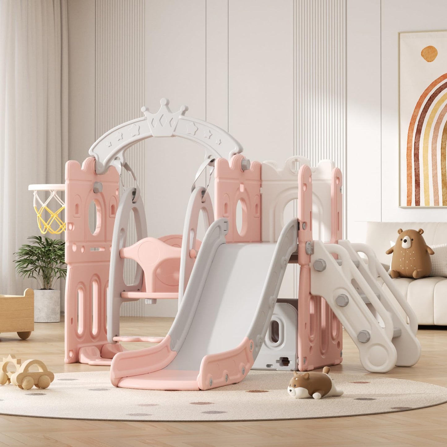 Rutsche mit Klettergerüst für Kinder: Indoor Spielplatz mit - Aufbewahrungsbox Tunnel Treppenleiter Basketballkorb und Durchgangsbereich Gartenrutsche (Star Set-G-Brown)