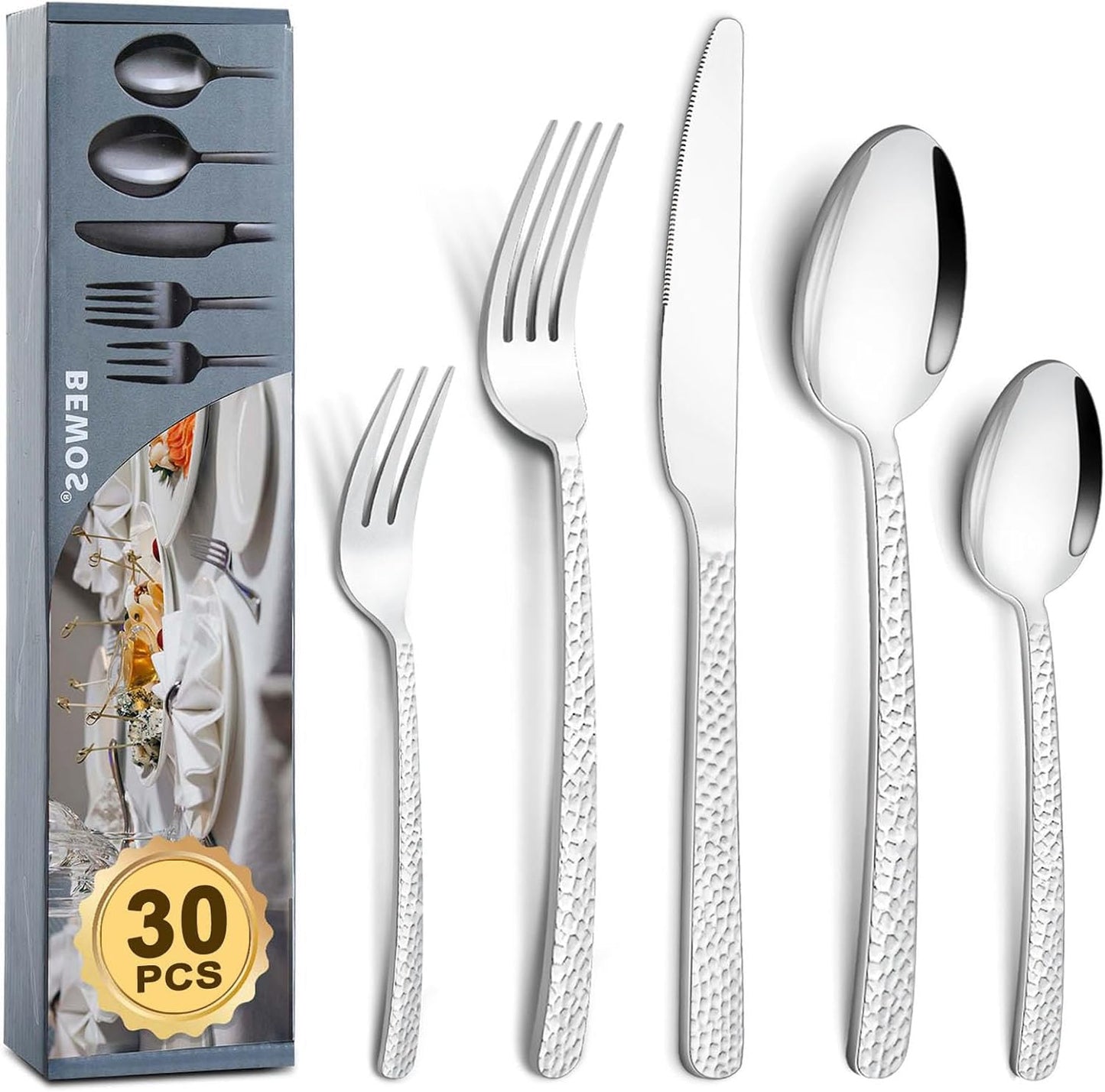 BEWOS Besteckset für 6 Personen, 30-teiliges Besteckset aus Edelstahl, Besteckset aus Silber, inklusive Messer, Gabeln und Löffel, hochglanzpoliert und spülmaschinenfest