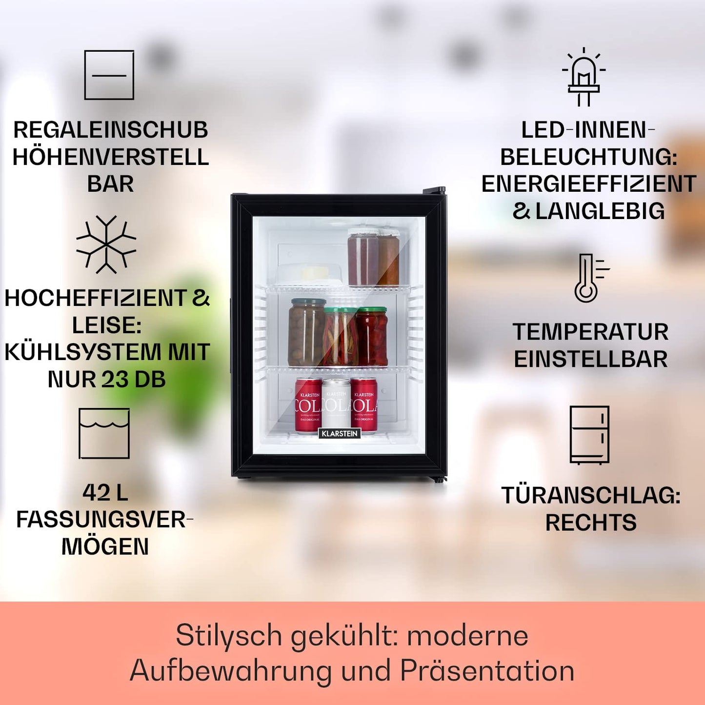 Klarstein Kühlschrank, Mini Kühlschrank mit Glastüre, Mini-Kühlschrank für Getränke, Snacks & Kosmetik, Kühlschrank Klein & Leise, Verstellbare Ablagen, Kleiner Skincare Kühlschrank 12-18°C, 23L