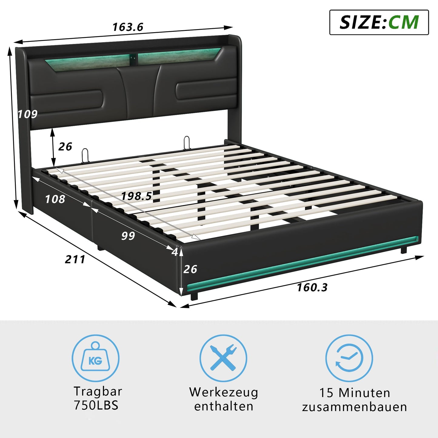 WOBOPCG Upholstered Double Bed 140 x 200, Hydraulic Storage Bed with Slatted Bases, Double Bed with Storage Space, Functional Bed with Storage Space (Grey + Flannel, 140 x 200)