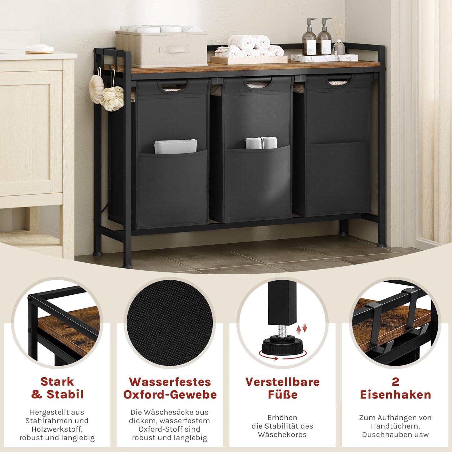 WOLTU Laundry Basket, 3 Compartments, Each 40 L, Laundry Hamper with Shelf Metal Frame, Oxford Fabric Laundry Bag, Extendable, Removable, Laundry Sorter, Laundry Container, White