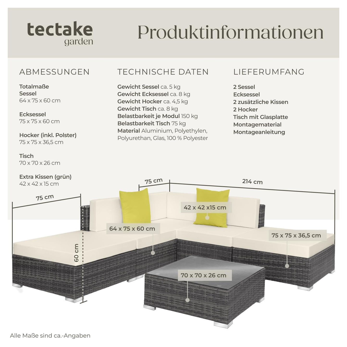 tectake® Aluminium Poly Rattan Lounge, modulares Gartenmöbel Set, großer Outdoor Couch Tisch mit Glasplatte, Sofa Set wetterfest für Garten, Balkon und Terrasse, extra Dicke Polster - grau