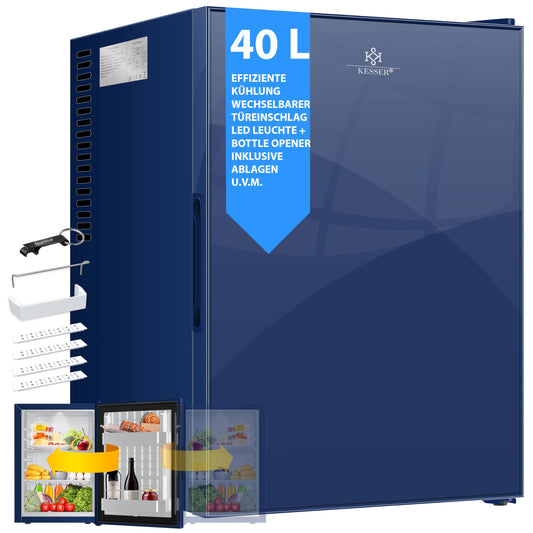 KESSER® Mini Fridge 40 L Lockable Mini Bar Ideal for Camping, Office, Bedroom, Hotel, Kitchen, Small Fridge Completely Silent, Interchangeable Door Hinge, Interior Lighting with Glass Opener