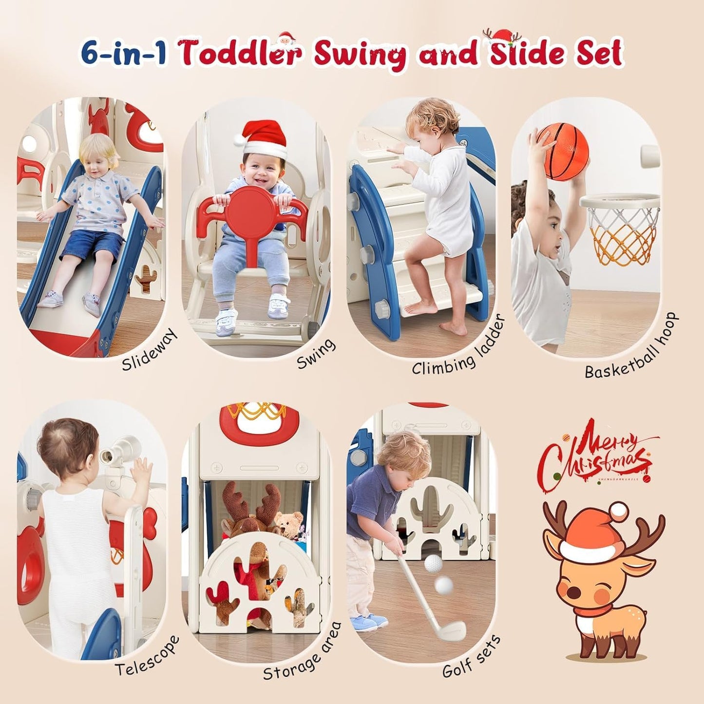 Children's Slide, Large Toddler Slide with Basketball Hoop, Climbing Frame for the Garden, Telescope, Storage Space, for 1-3 Years, Extra Long 1700 mm (7-in-1 Elk Slide Active Model (Khaki)))