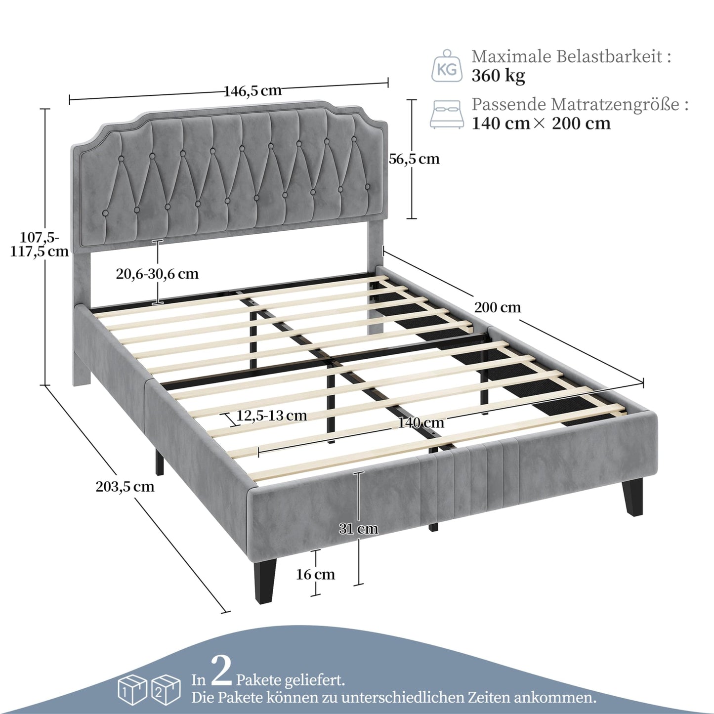 Yaheetech Upholstered Double Bed 140 x 200 cm Fabric Bed Youth Bed Padded Bed with Height-Adjustable Headboard Bed Frame with Slatted Frame, Dark Grey